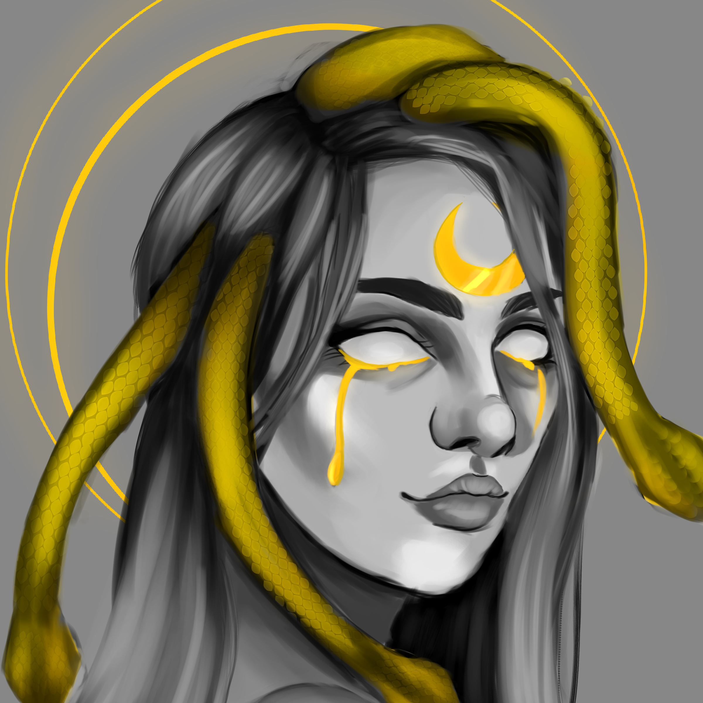 A digital portrait of medusa in grayscale with gold snakes.
